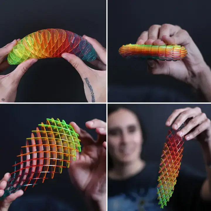 Collage of a colorful, textured object being held by hands against a dark background showing different ways to play.