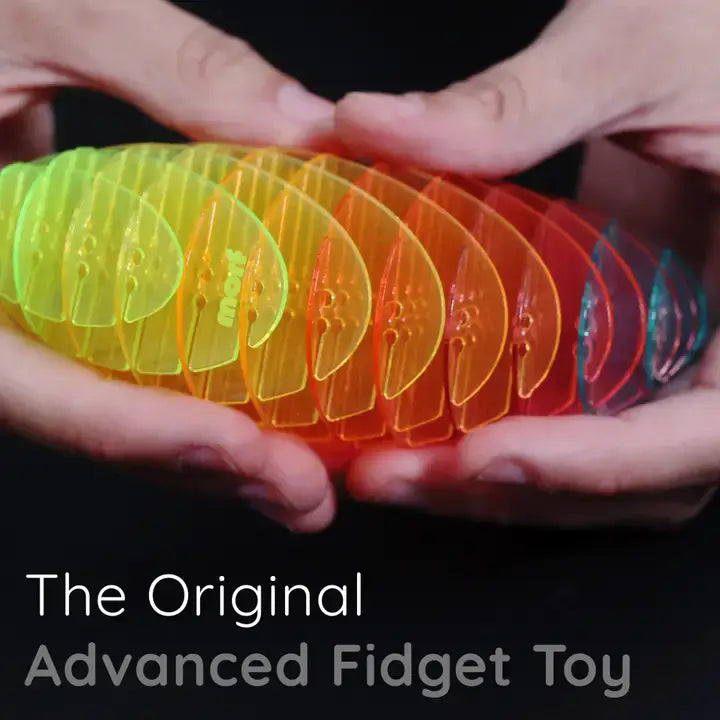 Colorful fidget toy held between hands with text 'The Original Advanced Fidget Toy' on a black background