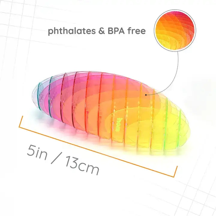 Colorful toy with gradient effect, labeled 'phthalates & BPA free', and dimensions '5in / 13cm'.