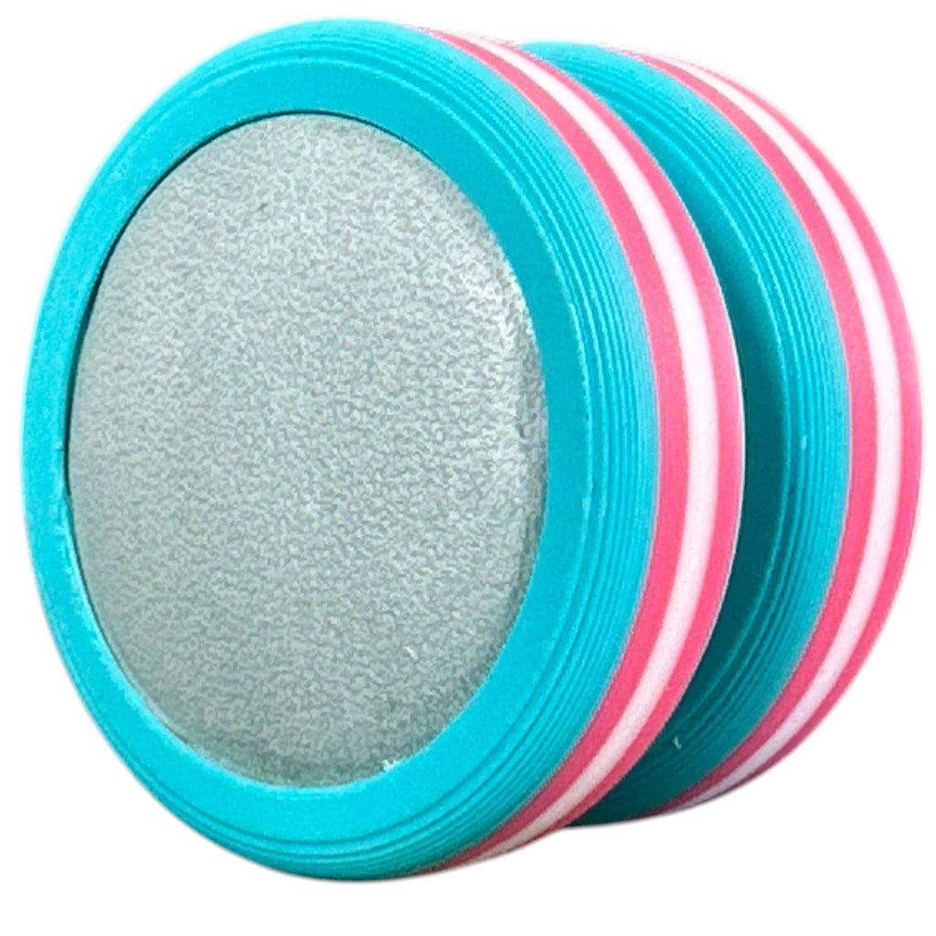 Two circular filters with blue and pink frames on a white background