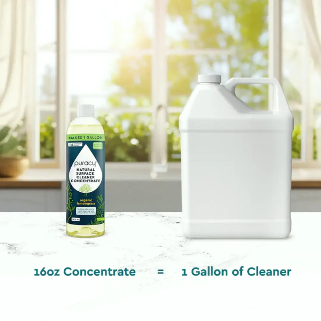 Bottle of puracy natural surface cleaner concentrate and a gallon container on a light background.