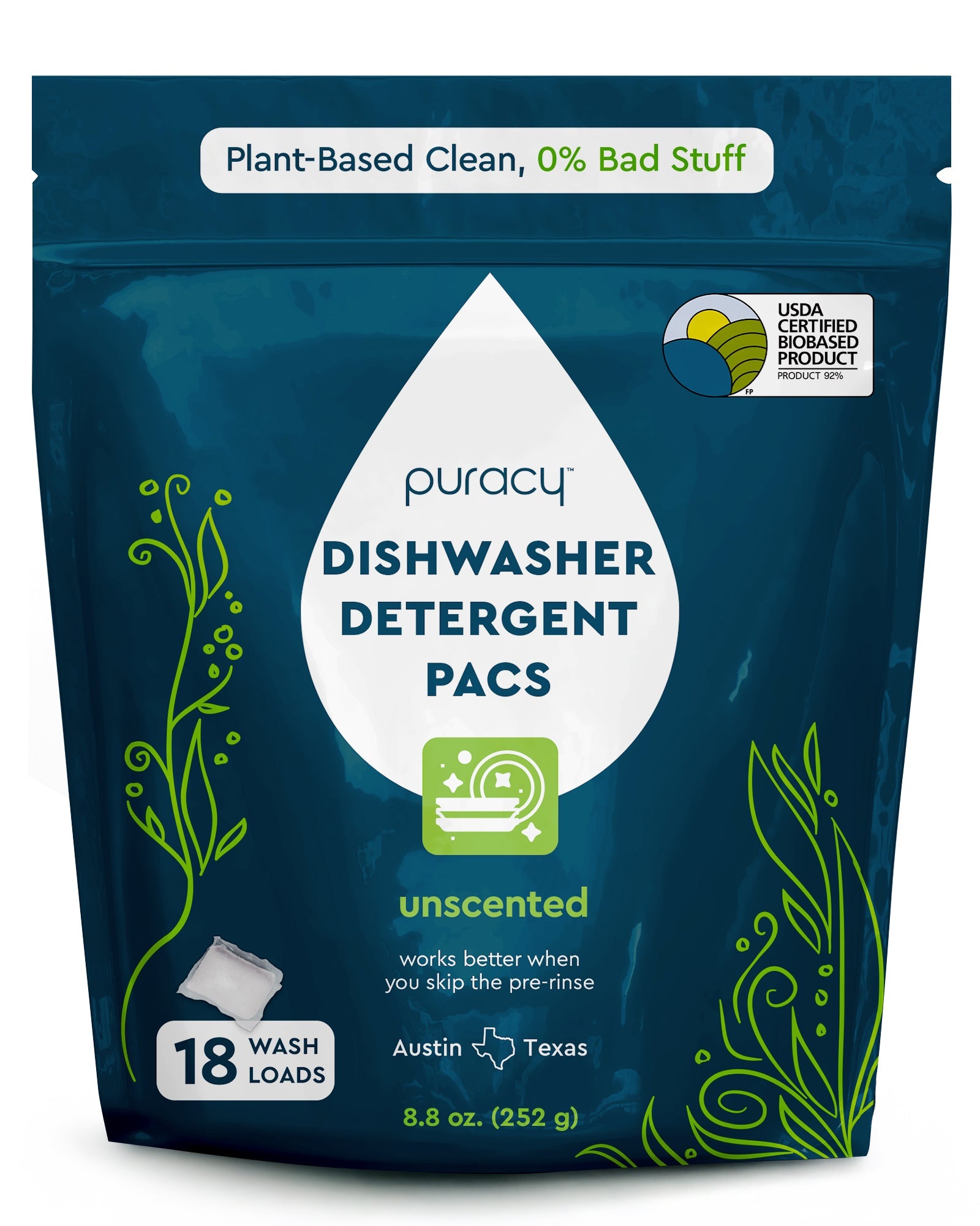 Puracy dishwasher detergent pac packet on a white background