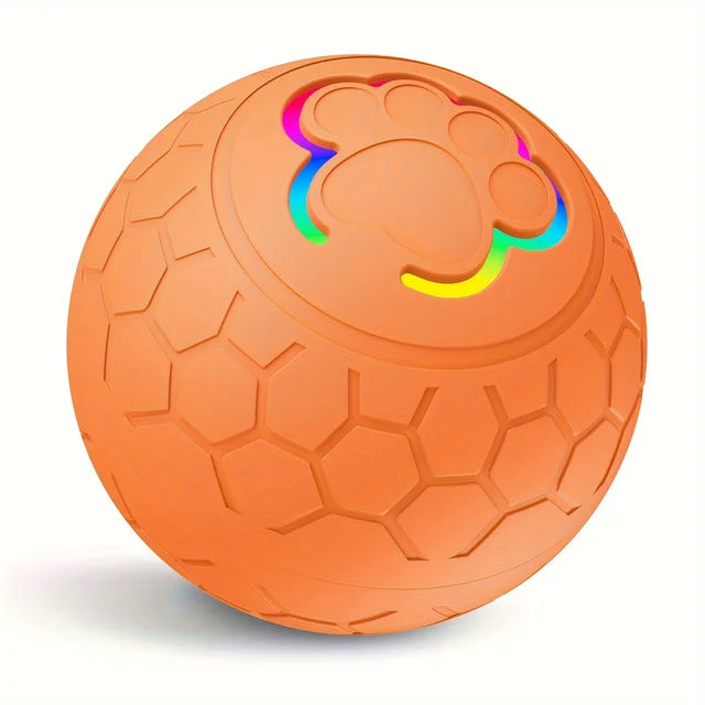 Orange ball with a textured surface and rainbow-colored accents on a white background