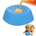 Blue dog toy with orange liquid being poured into it, next to a dog eating from the same toy.