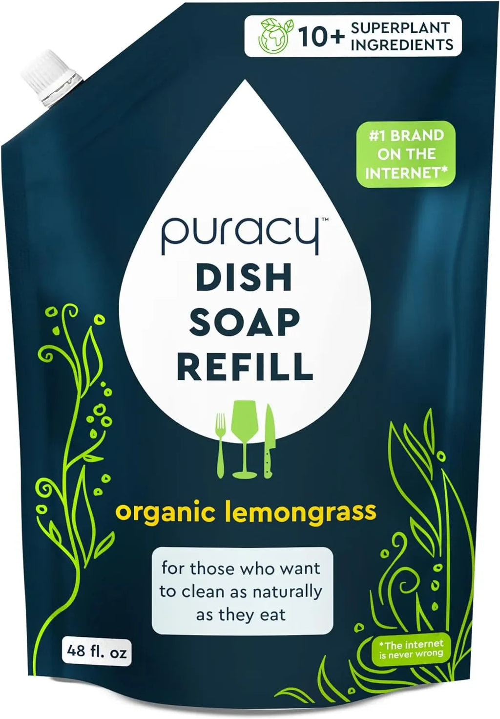 Puracy dish soap refill packaging with organic lemongrass scent on a white background