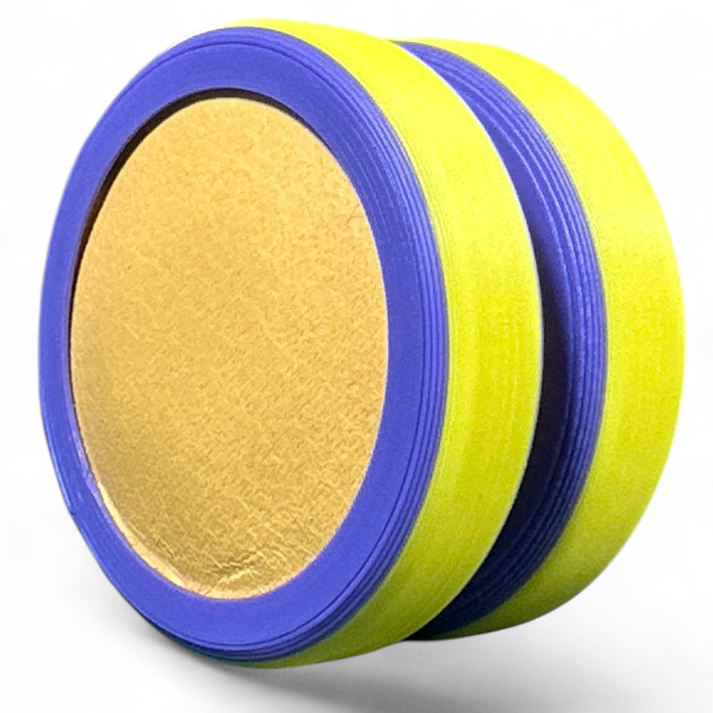 Two yellow and blue discs on a white background