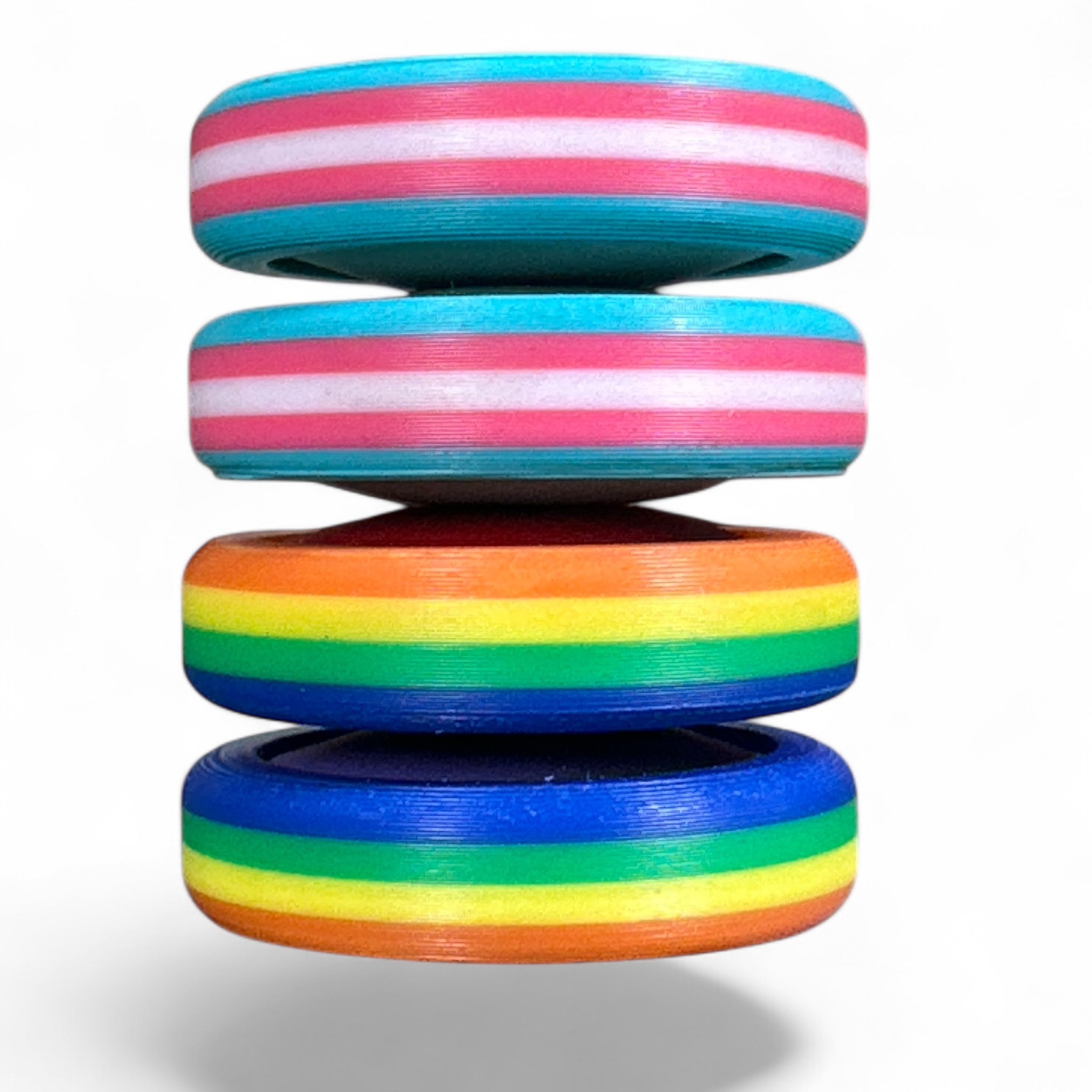 Stack of colorful rings with horizontal stripes on a white background
