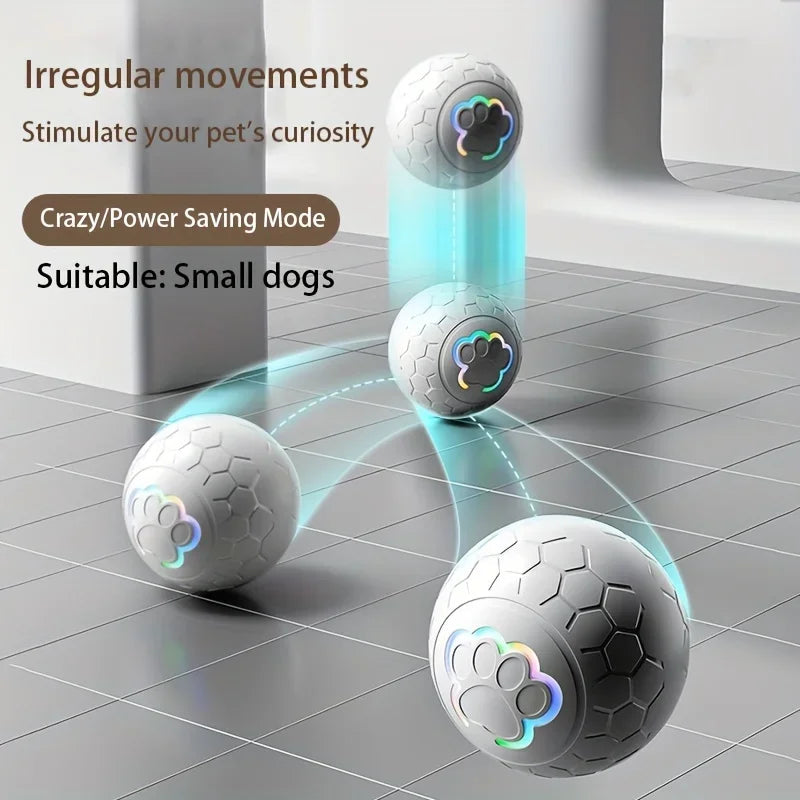 Three white balls with colorful patterns on a tiled floor, labeled for pet use.