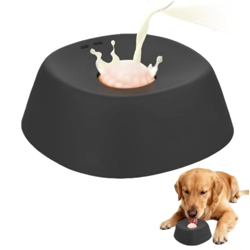 Black dog bowl with milk being poured into it, next to a dog eating from the same bowl.