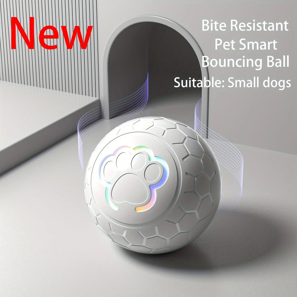 White pet smart bouncing ball with colorful paw design on a light gray background. bite resistant bouncing ball.