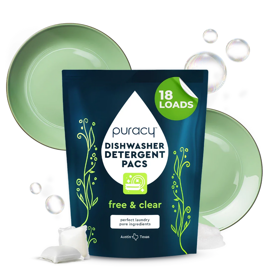 Puracy dishwasher detergent pacs packaging with green plates and bubbles on a white background