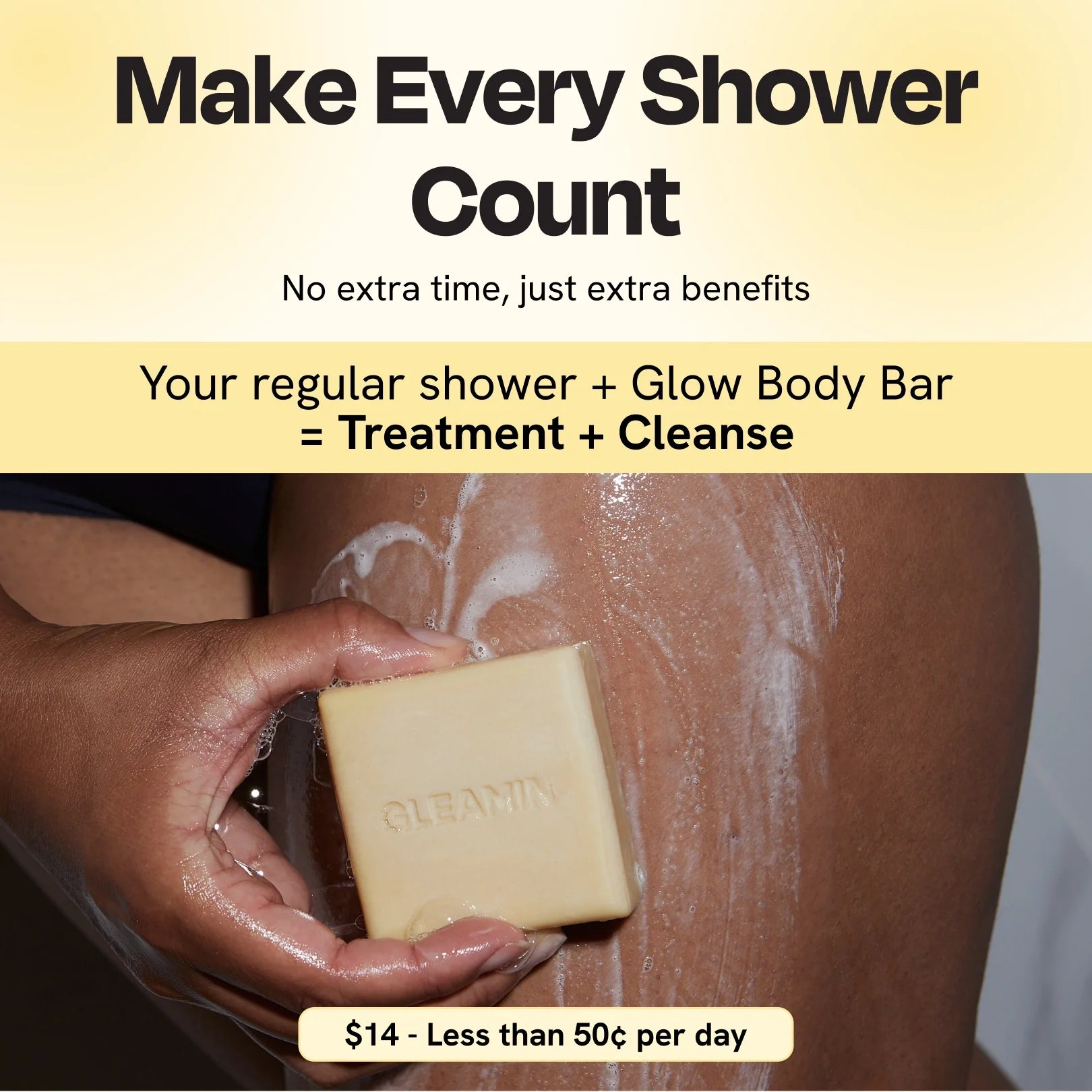 Person holding a soap bar with text about a glow body bar and shower benefits.