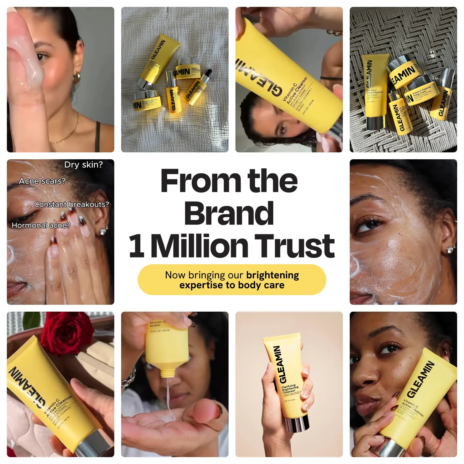 Collage of Gleamin skincare products with promotional text about the brand's expertise.