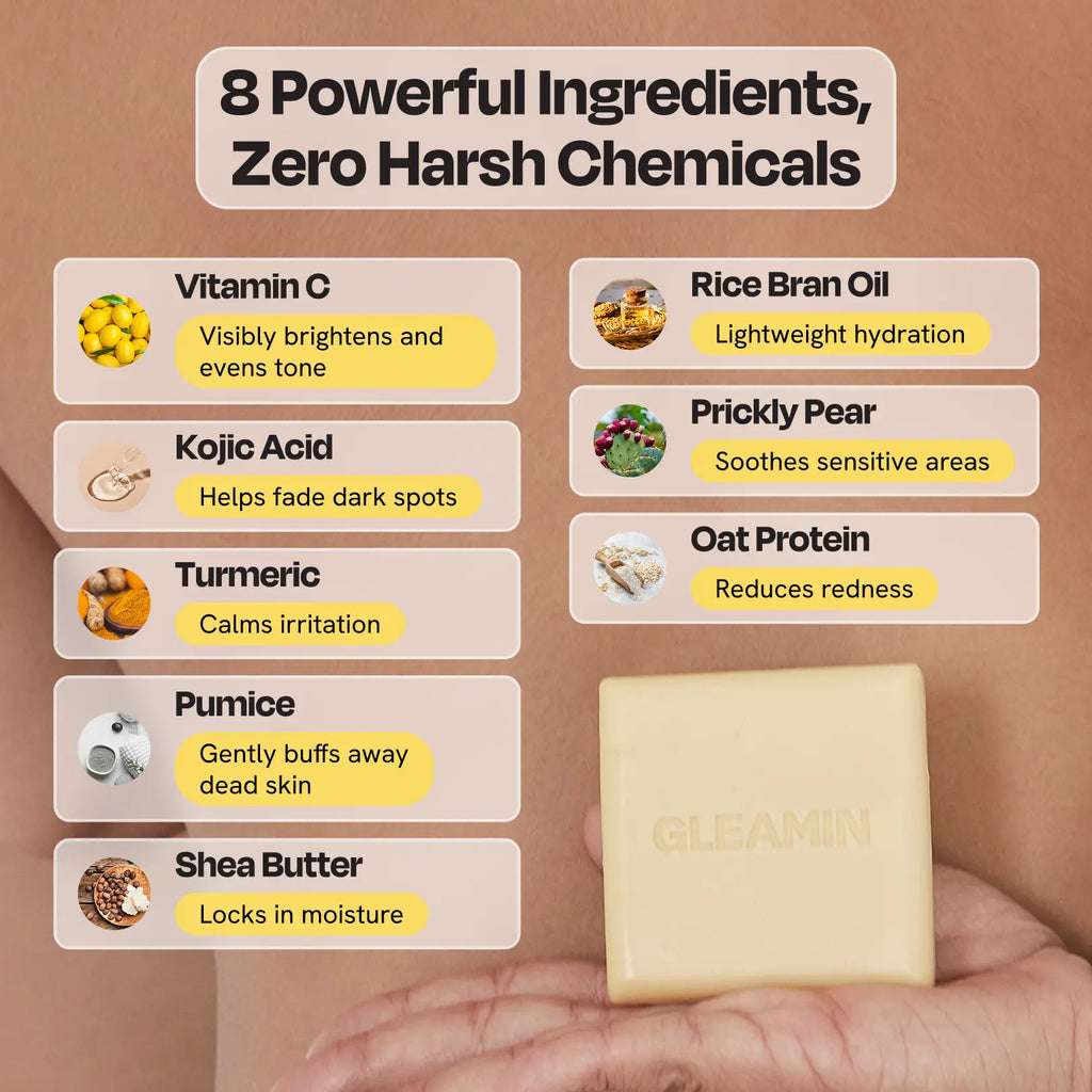Bar of soap with listed ingredients on a brown background
