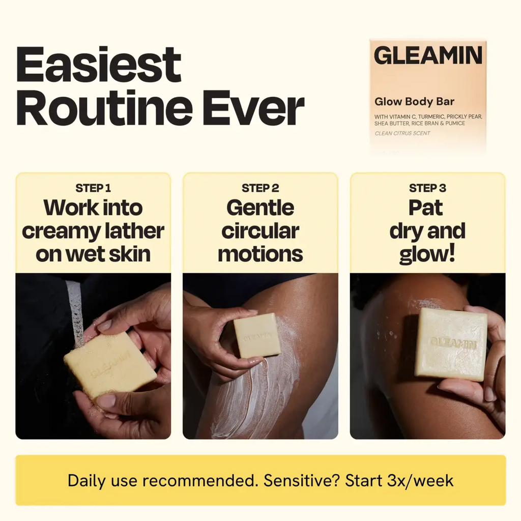 Gleamin glow body bar with usage instructions and product packaging.