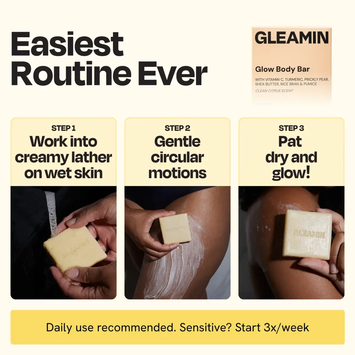 Gleamin glow body bar with usage instructions and product packaging.
