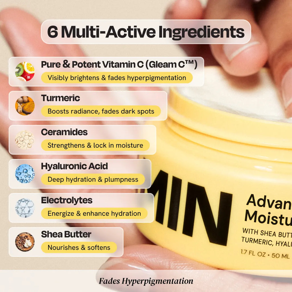 Yellow jar with skincare ingredients listed on a beige background