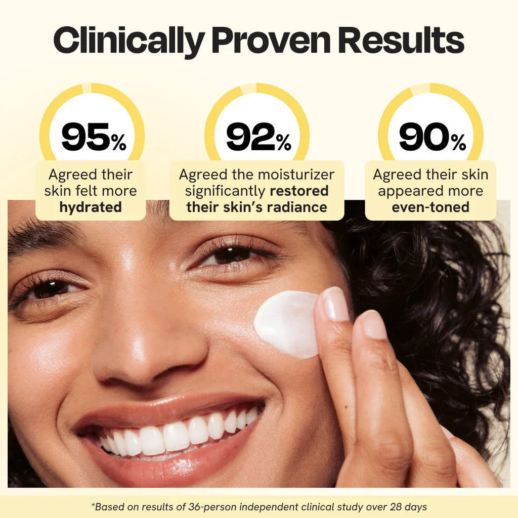 Woman applying cream to her face with clinical results displayed above.