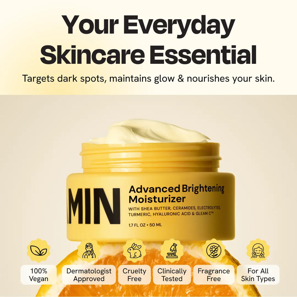 Yellow jar of 'MIN' Advanced Brightening Moisturizer with product features on a beige background
