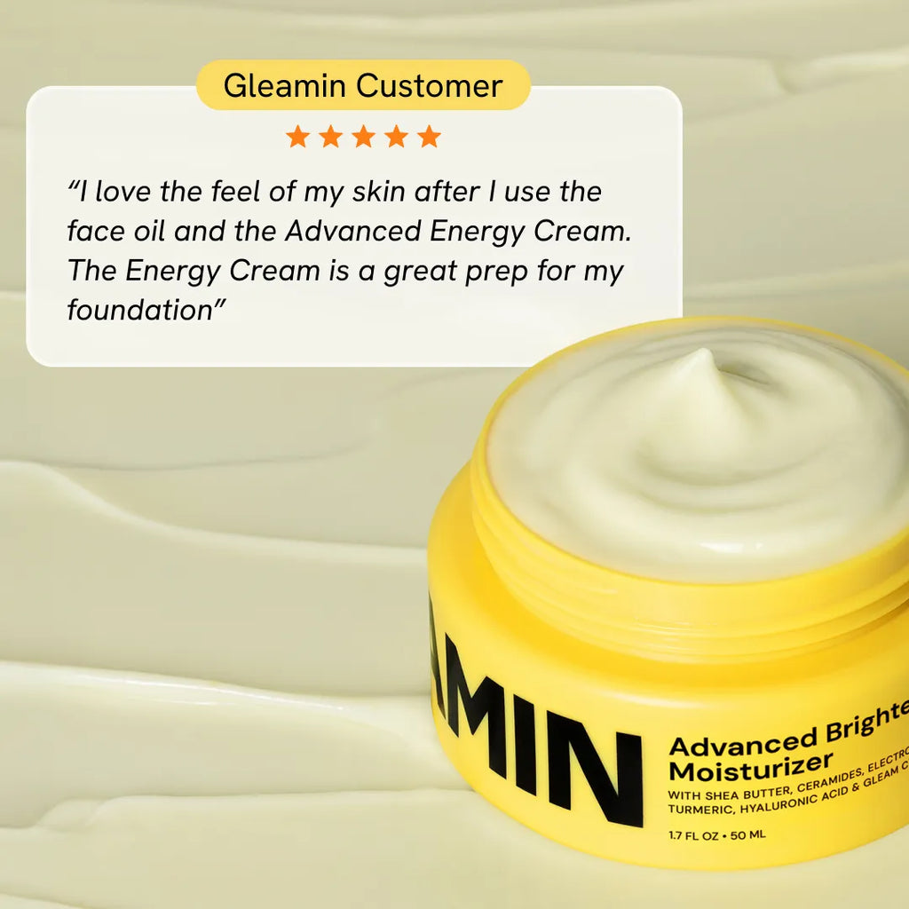 Gleamin Advanced Brightening Moisturizer jar with customer review text on a beige background