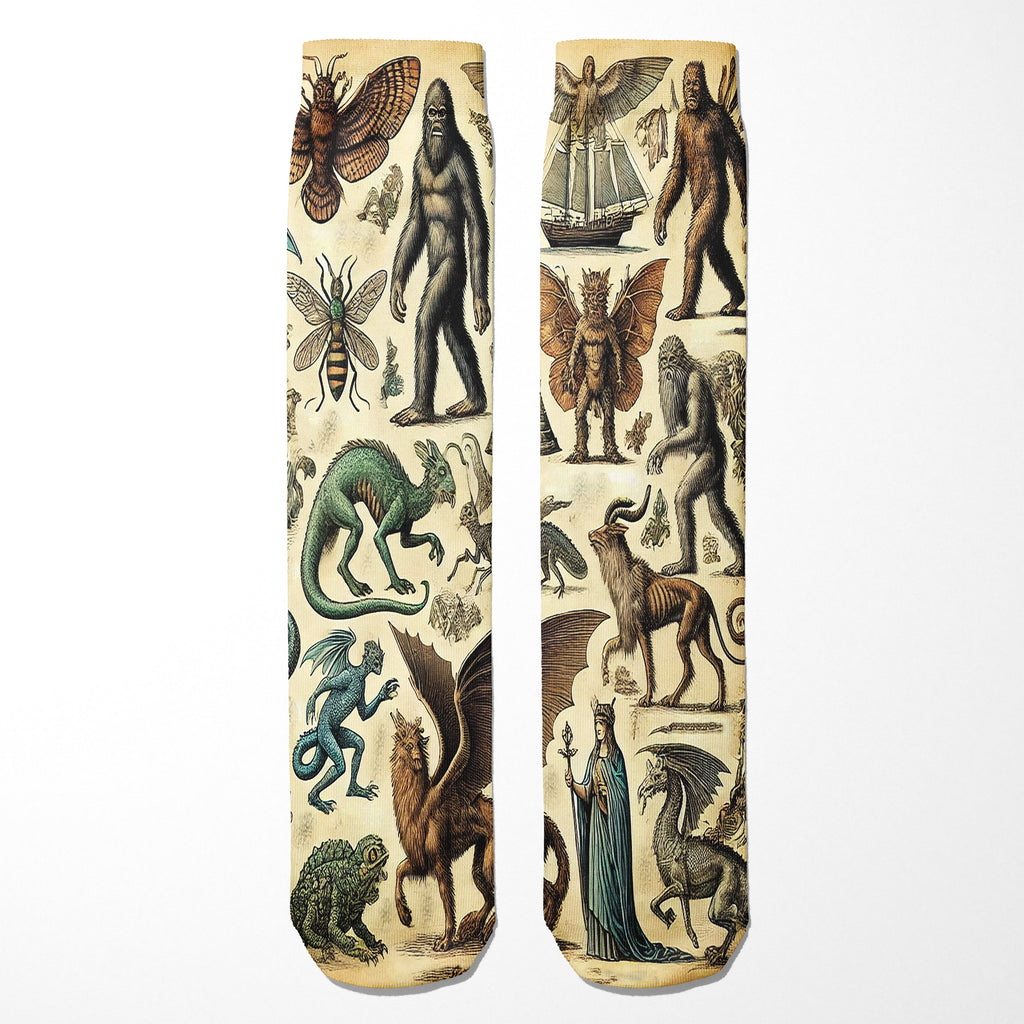 Pair of socks with vintage-style creature illustrations on a beige background