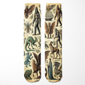 Pair of socks with vintage-style creature illustrations on a beige background
