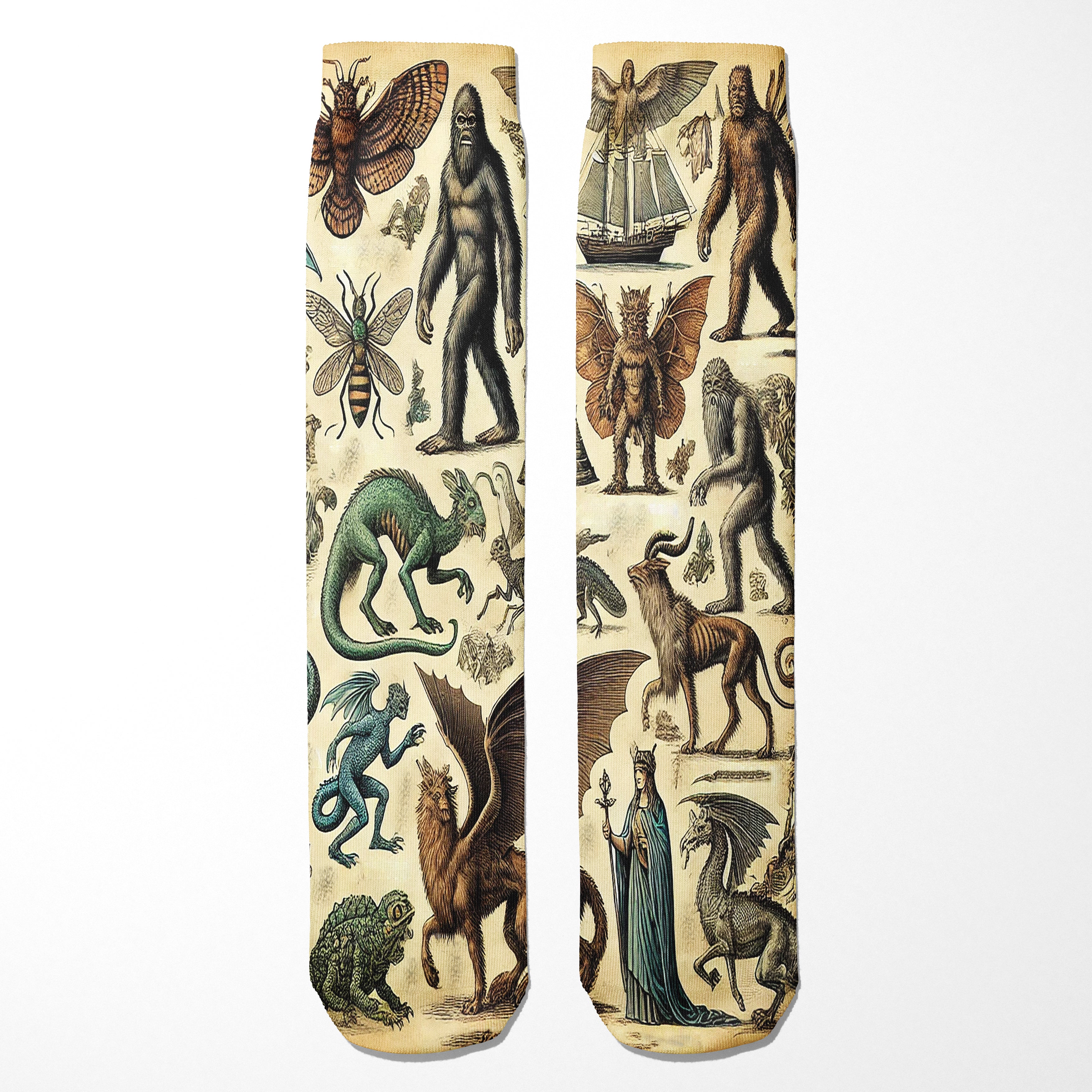Pair of socks with vintage-style creature illustrations on a beige background