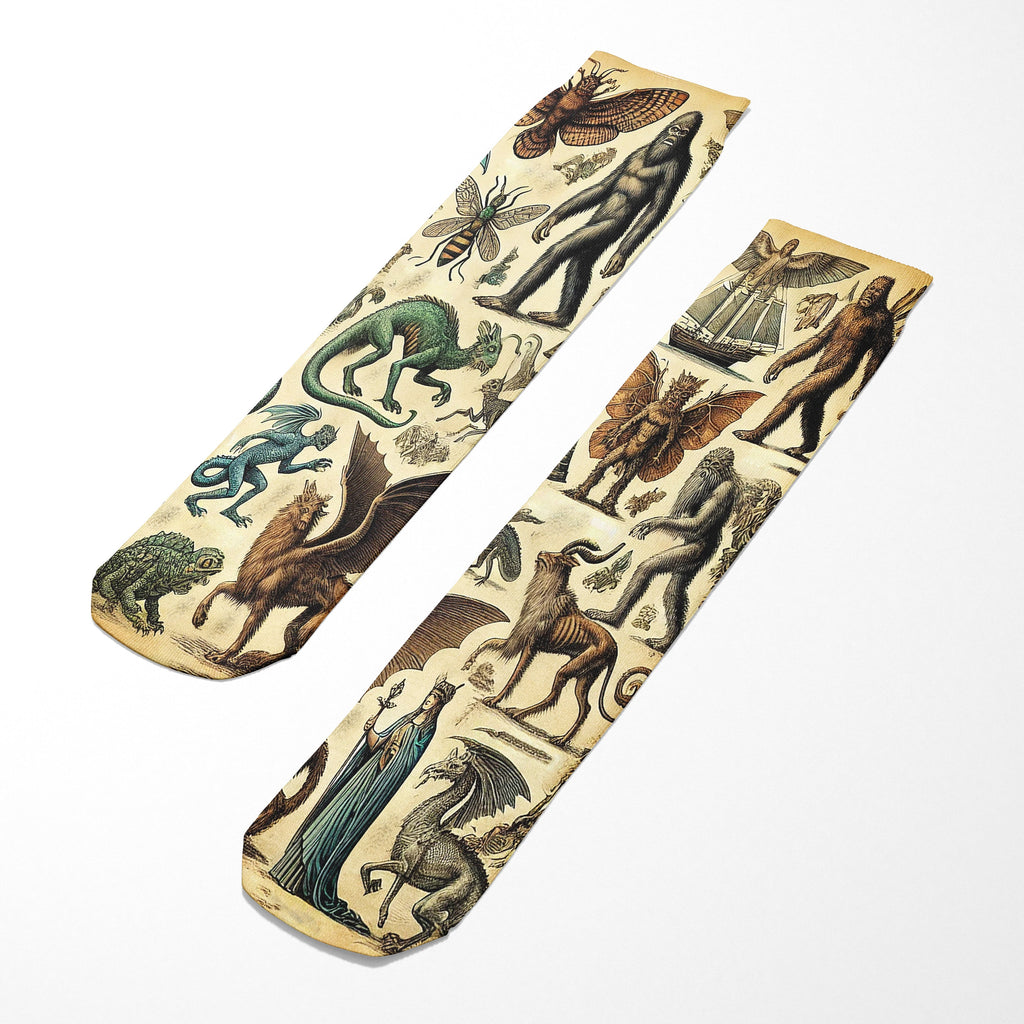 Two vintage-style arm bands with illustrations of animals and people on a white background