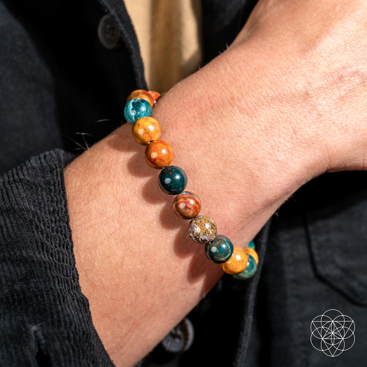 Close-up of a wrist wearing a colorful beaded bracelet with a black background