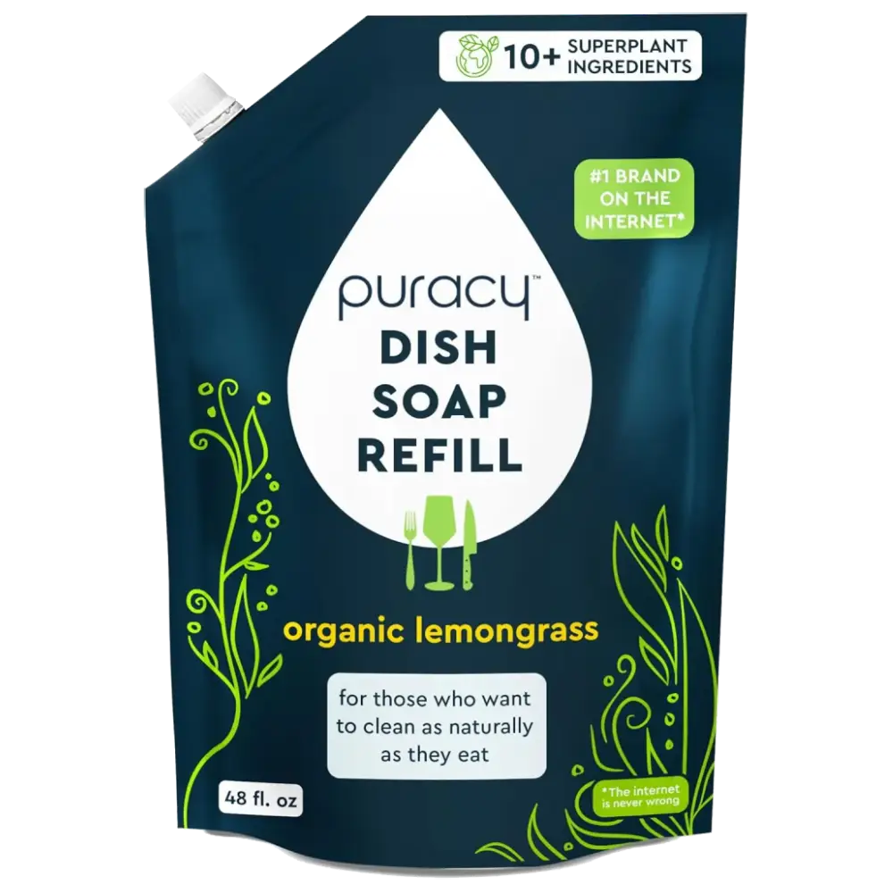 Puracy dish soap refill packaging with organic lemongrass scent on a white background