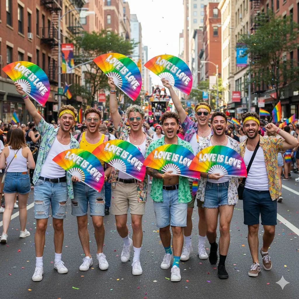 Group of people holding rainbow flags with 'LOVE IS LOVE' text on a city street.