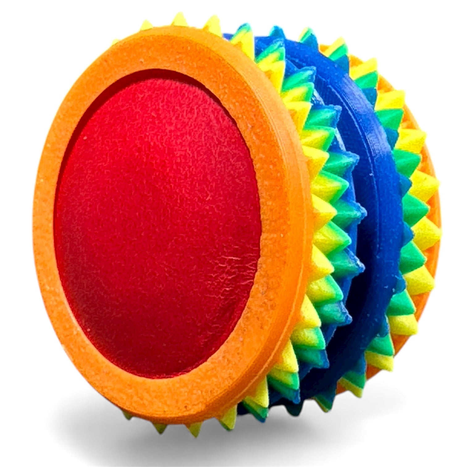 Colorful textured discs with orange, yellow, blue, and red sections on a white background