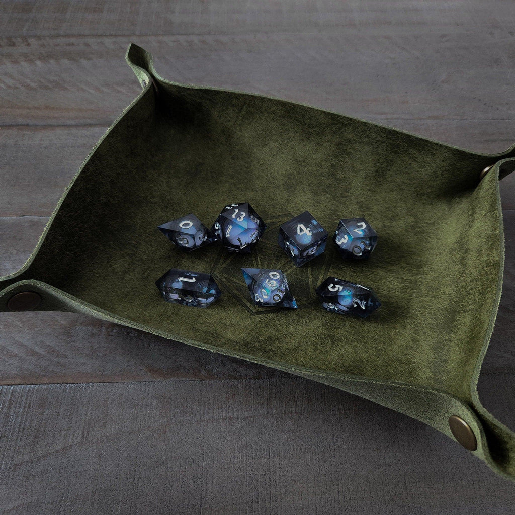 Green leather dice roll box with purple dice
