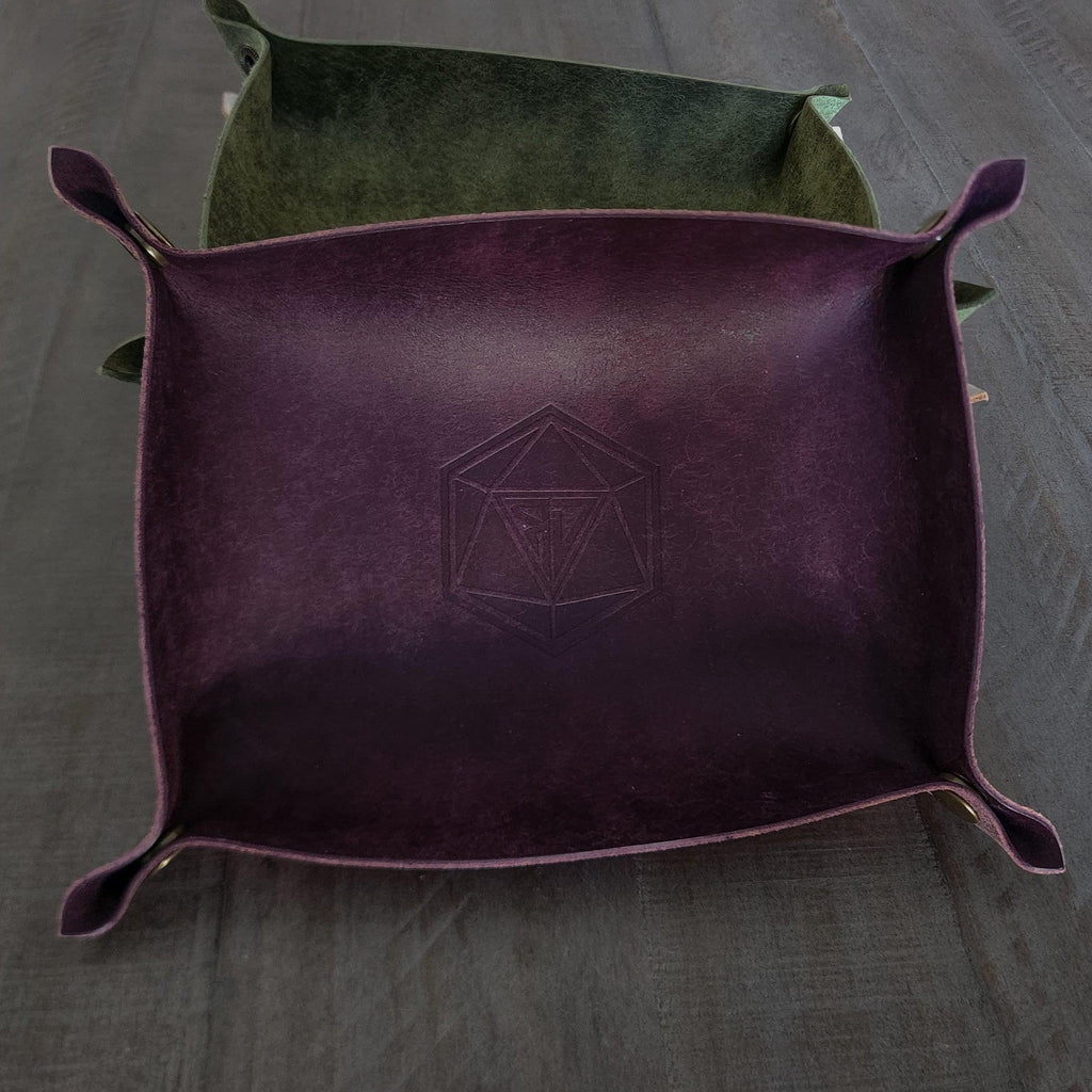 Purple and green leather dice roll tray stacked