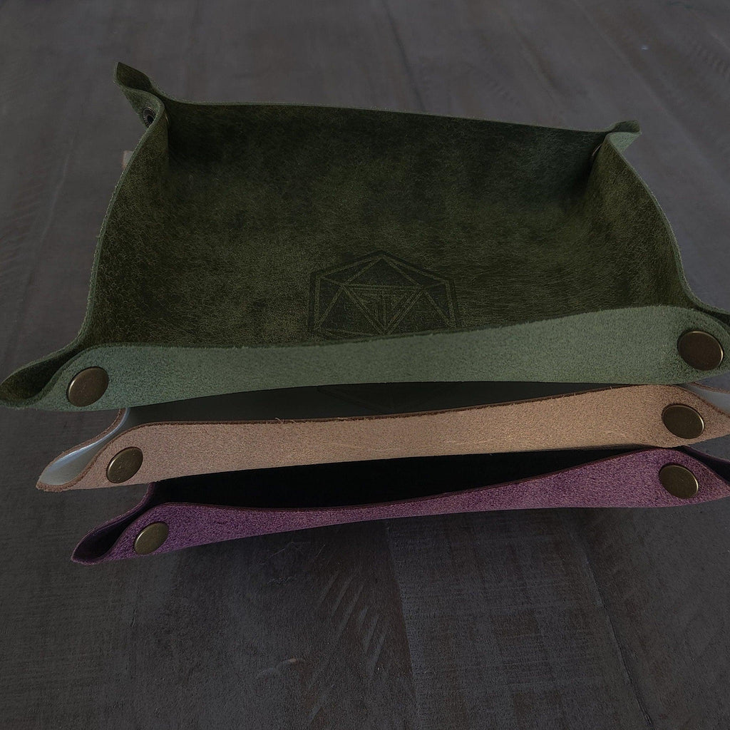 Green and Tan and Purple leather dice roll tray stacked