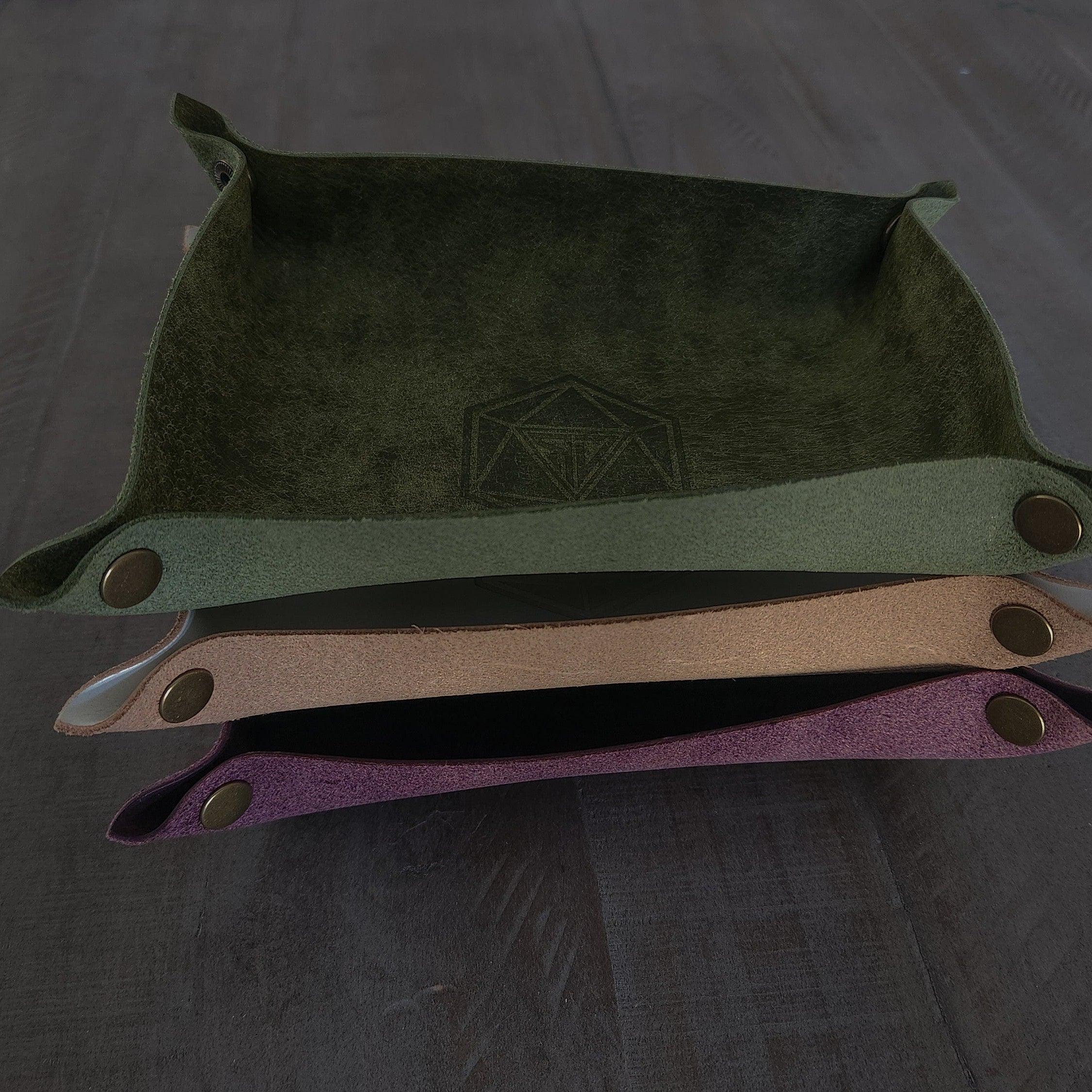 Green and Tan and Purple leather dice roll tray stacked