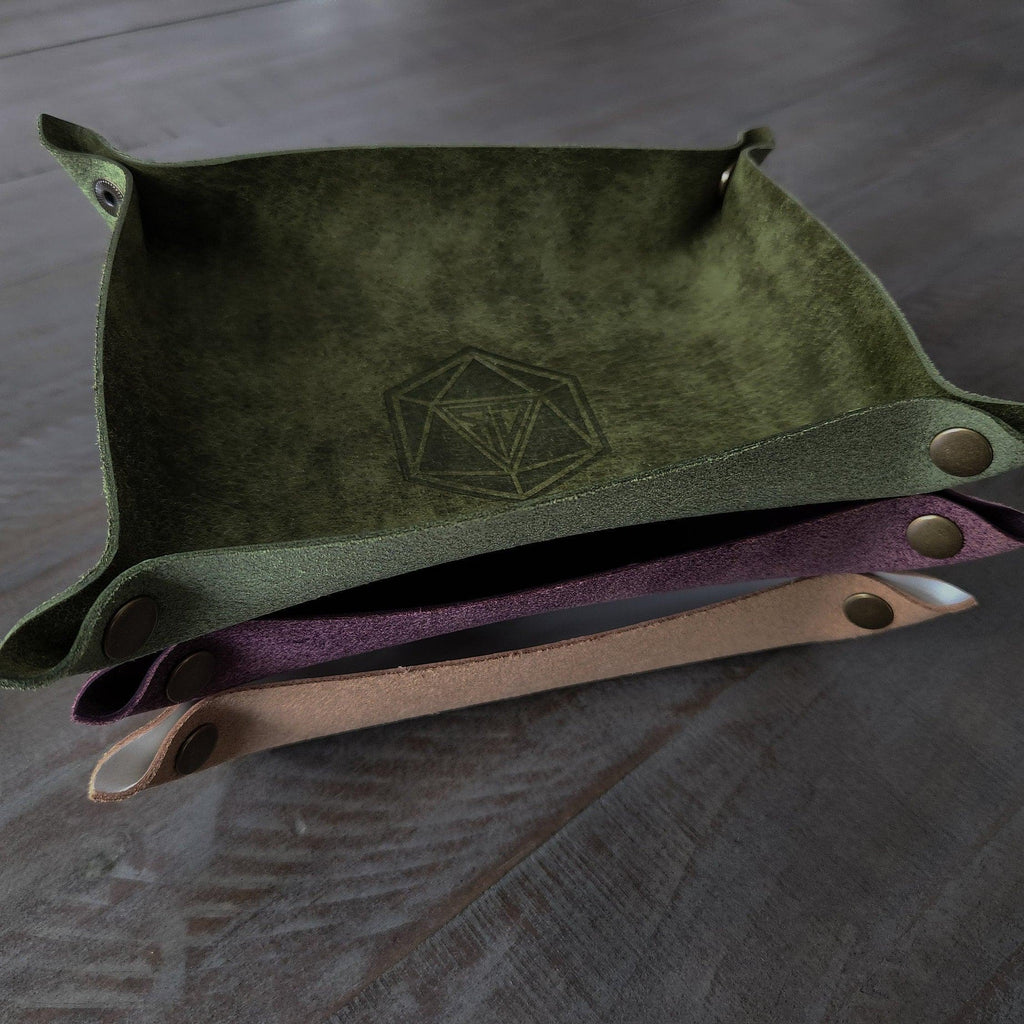 Green and Purple and Tan leather dice roll tray stacked