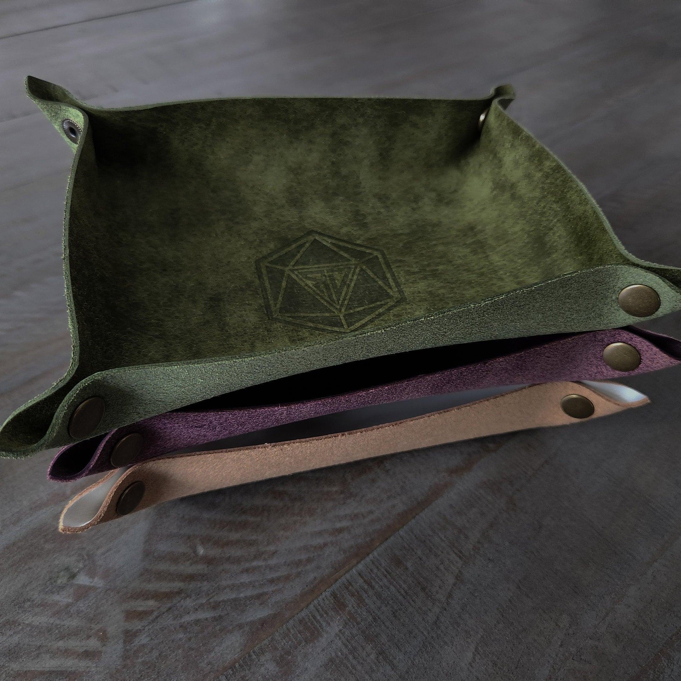 Green and Purple and Tan leather dice roll tray stacked