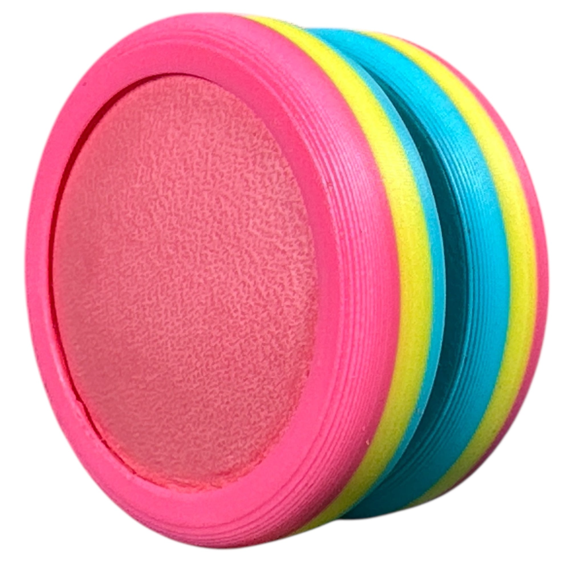 Three colorful discs with textured surfaces on a white background