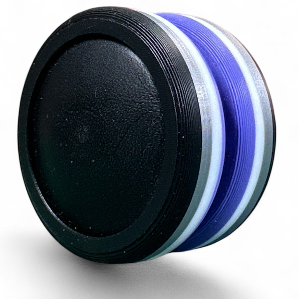 Black and blue discs on a white background