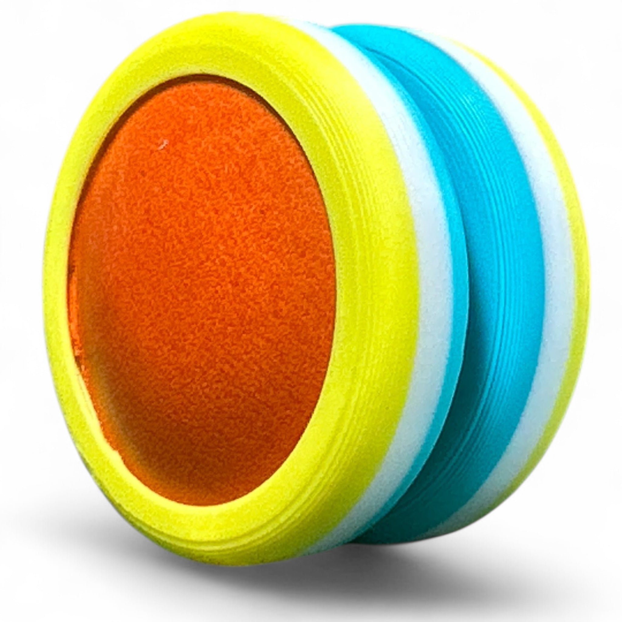Colorful discs with yellow, orange, and blue bands on a white background