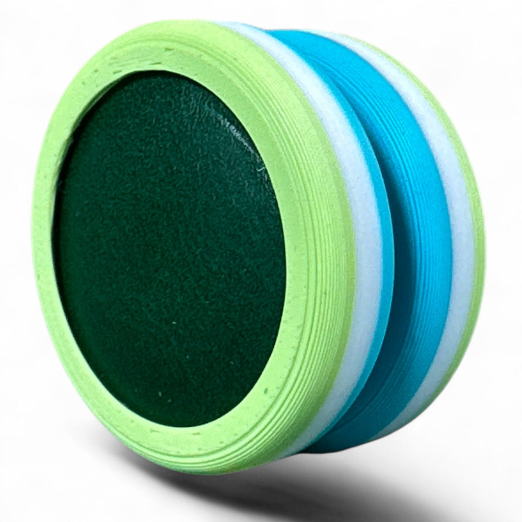 Green and blue discs on a white background