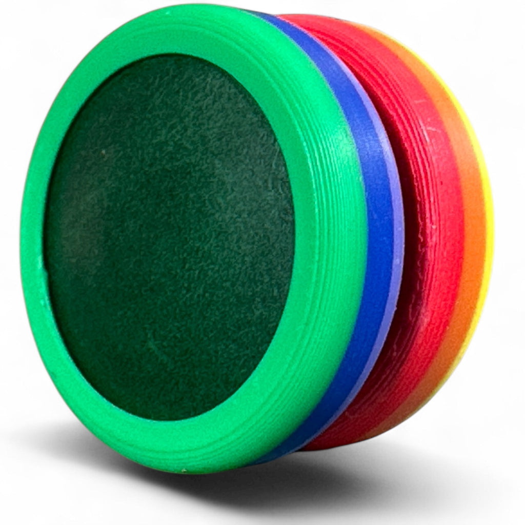 Stack of colorful discs on a white background