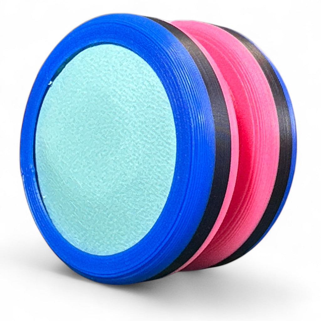 Discs in blue, pink, and black on a white background