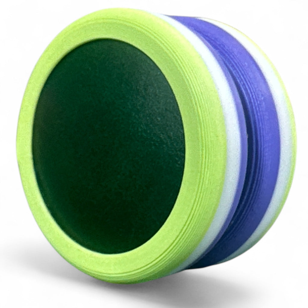 Colorful discs with green, blue, and white bands on a white background