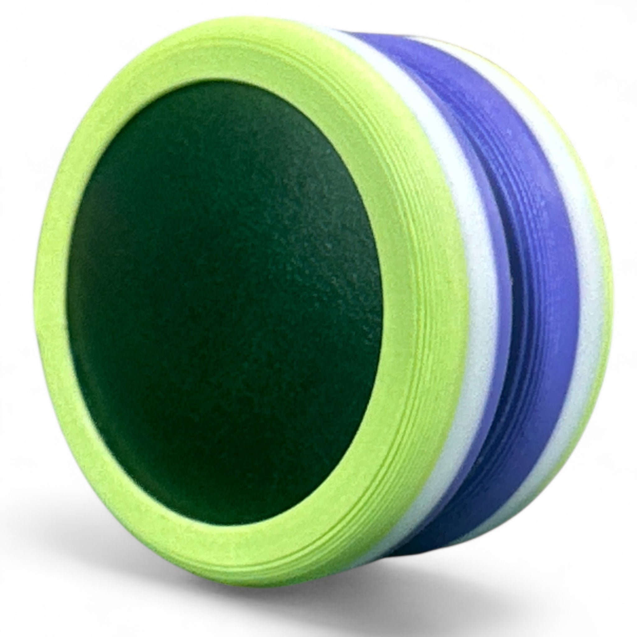 Colorful discs with green, blue, and white bands on a white background