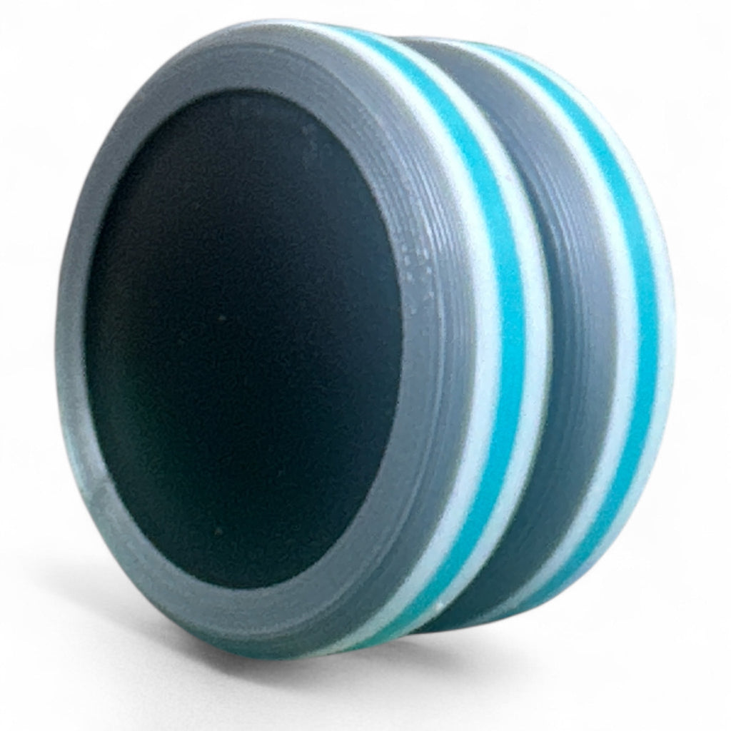 Discs with blue and gray stripes on a white background