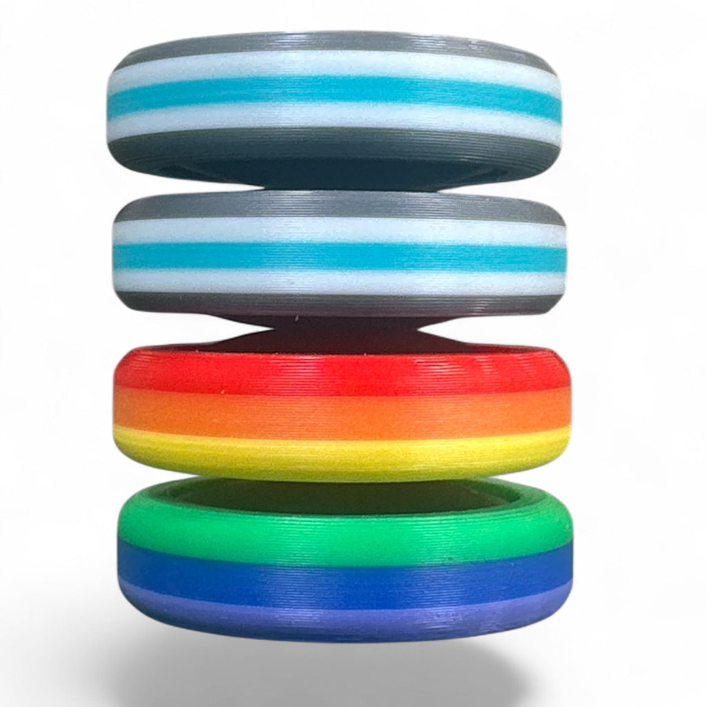 Stack of colorful rings with horizontal stripes on a white background