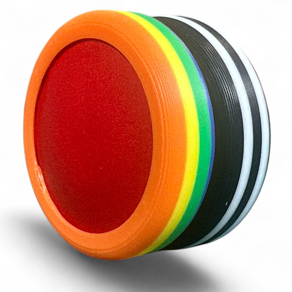 Colorful disc with red, orange, yellow, green, blue, and black layers on a white background