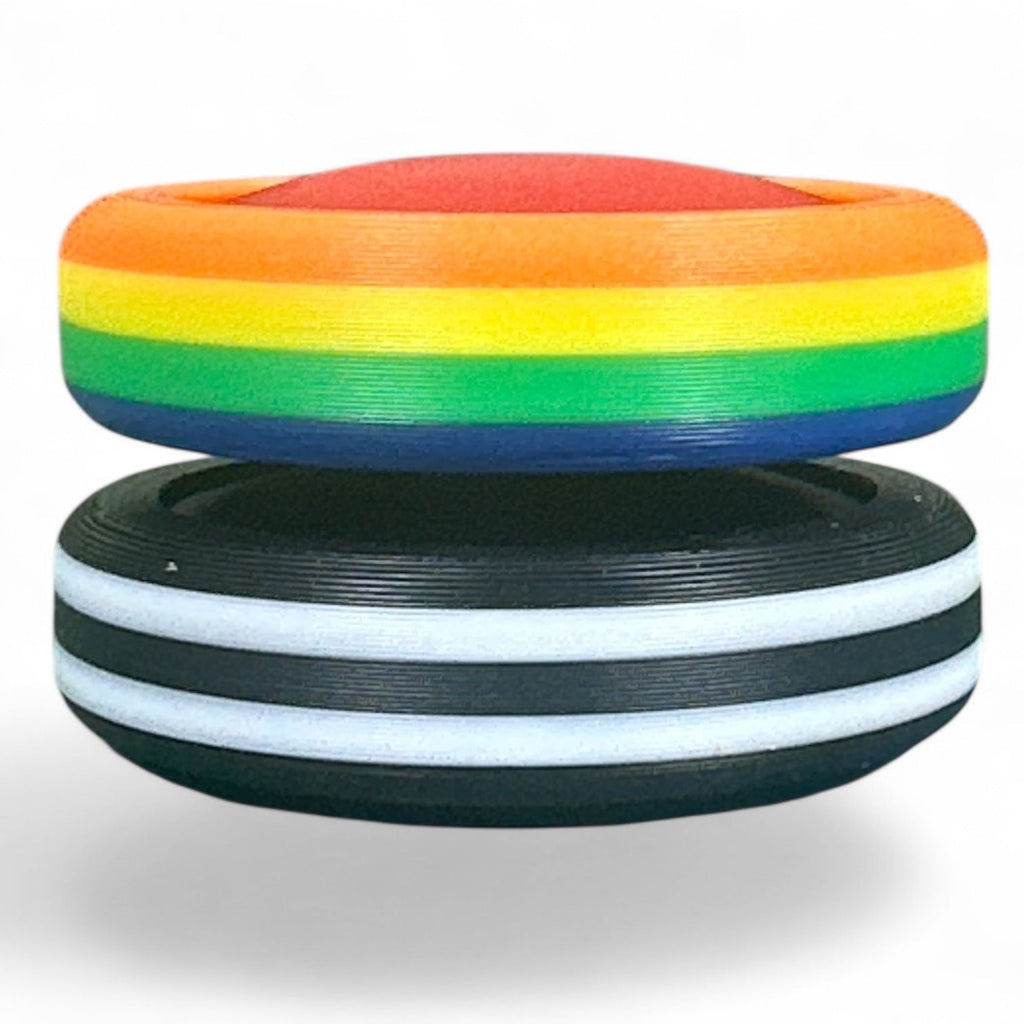 Two colorful discs, one rainbow-striped and one black with white stripes, on a white background.